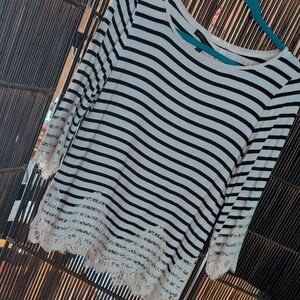 White House Black Market Striped Black and Ivory Lace Trim 3/4 Sleeve Knit Top
